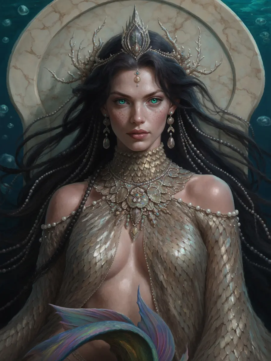 A siren seated on a drowned marble throne