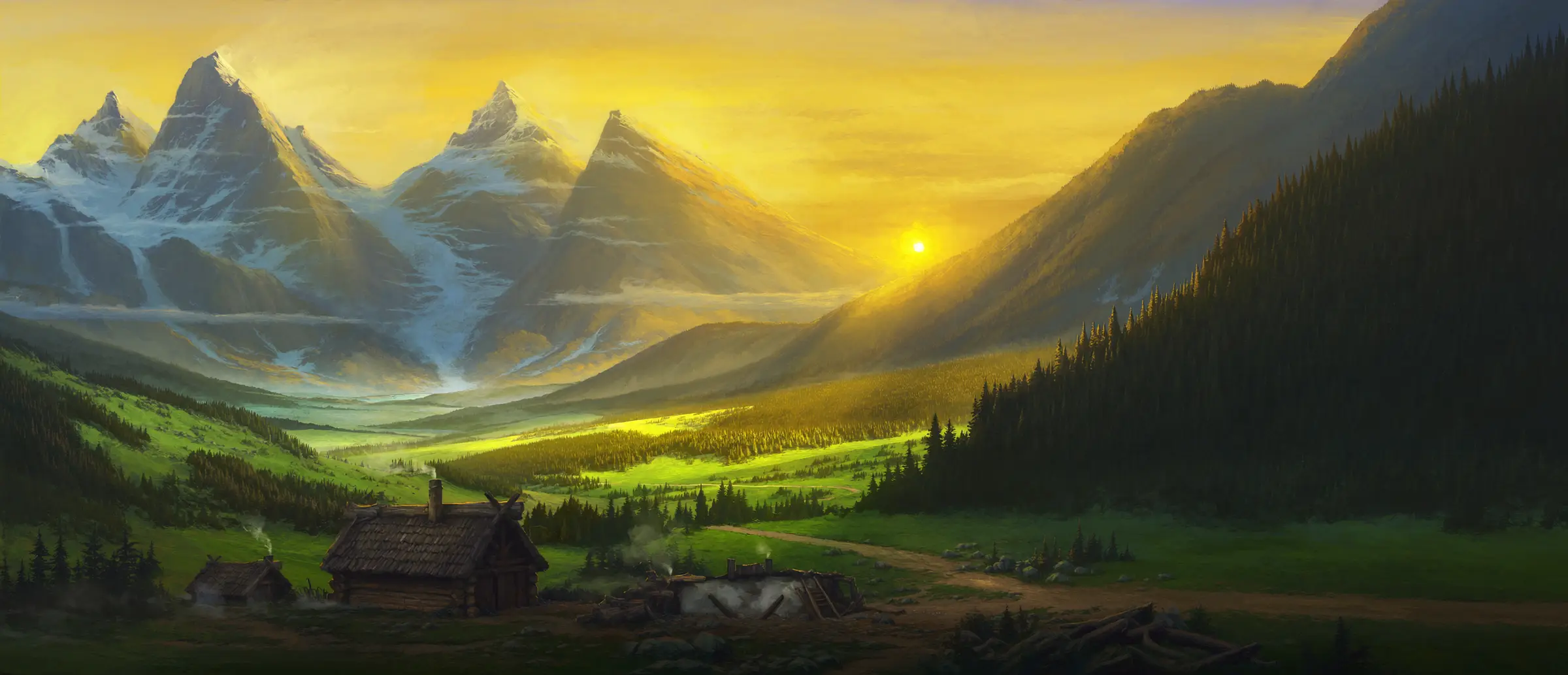 The Frontier valley at dawn, ice mountains on the horizon