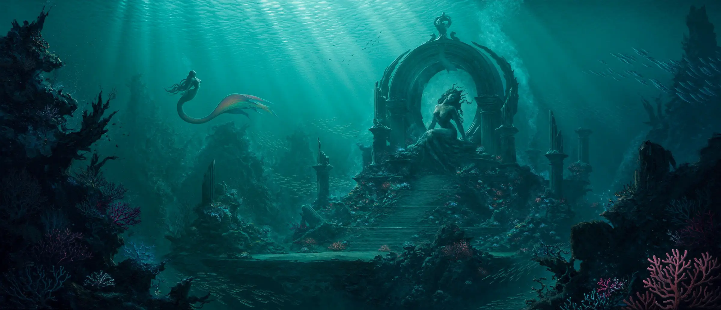 Siren's Scar, a drowned city lit by turquoise light