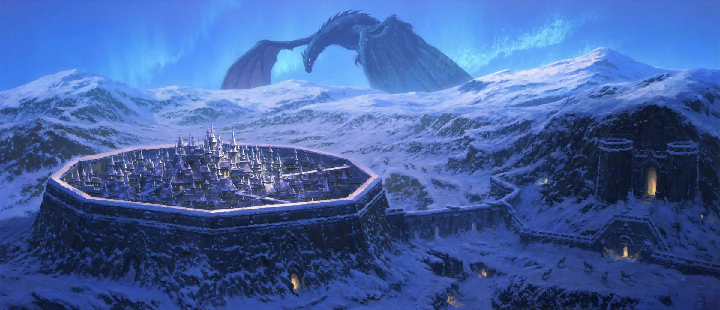 Snowflake, frozen mountains with an octagon-walled castle town under an aurora