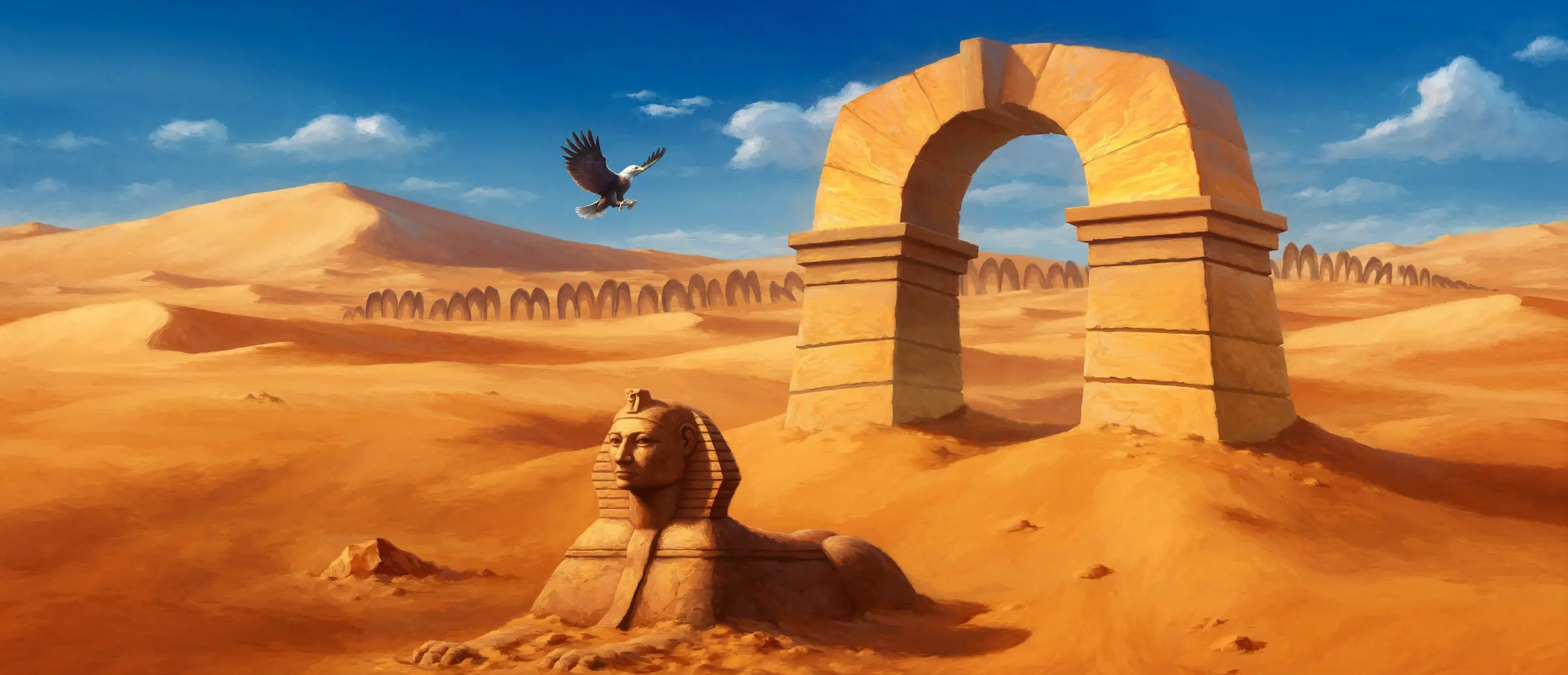 Sunscar, a golden desert with a glowing sun-gate arch